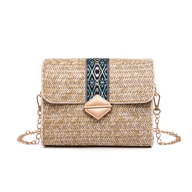 Ladies Portable Woven Straw Crossbody Bag Shoulder Messenger Satchel Custom Embroid Straw Envelope Evening Bag