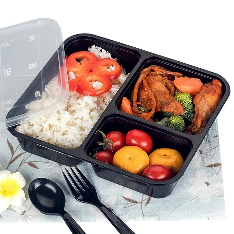 Three Compartment Disposable Lunch Box Meal Prep Plastic Food Container with Lid Picnic Takeaway Box Reusable