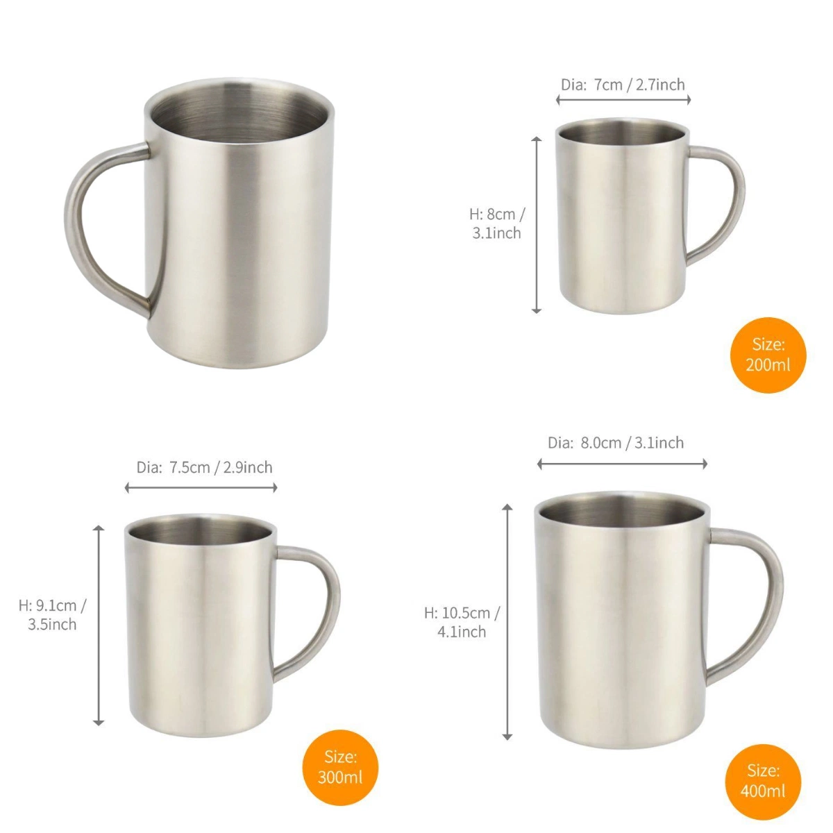 Double Wall Insulated Stainless Steel 304 Mug Cup with Handle Lid