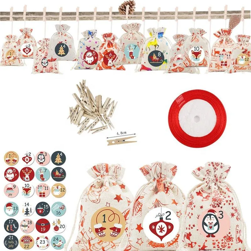 Christmas Countdown Calendar Bags Candy Gift Bags Hanging Advent Calendars