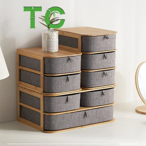 Caixa de armazenamento de secretária de bambu da Hotselling Organizador Cosmetic armazenamento de cosméticos em madeira Caixa com gavetas de tecido