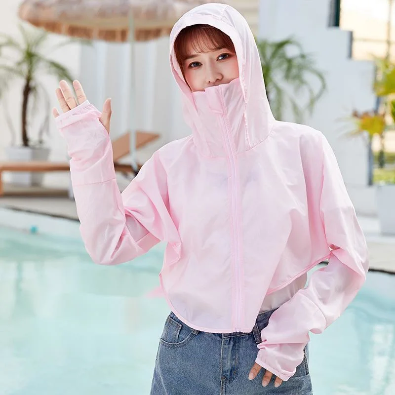 Sun UV Protection Shirts for Women Jacket Hooded Rash Guard with Face Mask Zip up Hoodie Swimsuit Cover UPS Skin Clothes