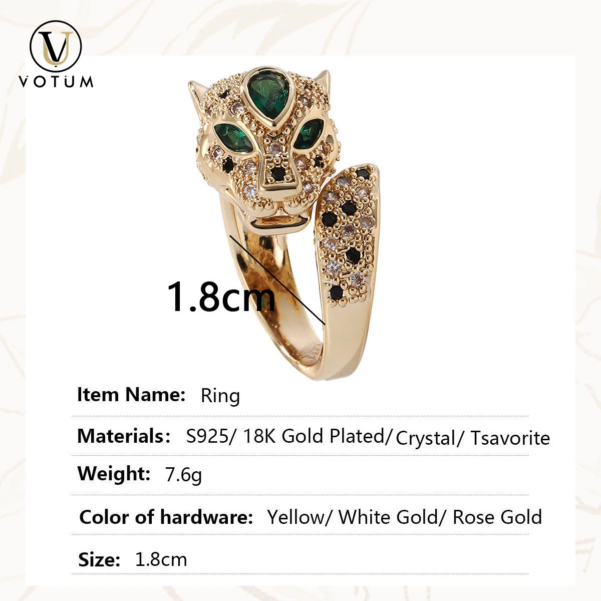 Votum Factory Customize Women 925 Silver Leopard Tsavorite Crystal Ring Jewelry with Gold Plated