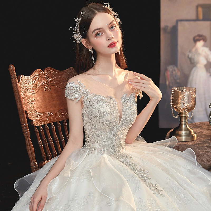 Wd084 New Temperament Bride&prime; S Shoulder Super Fairy Dream Hepburn Starry Tail Wedding Dress Bridal Wedding Dress