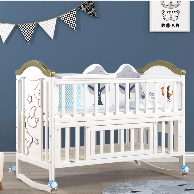 European Style New Zealand Pine White Baby Crib Splicing Bed