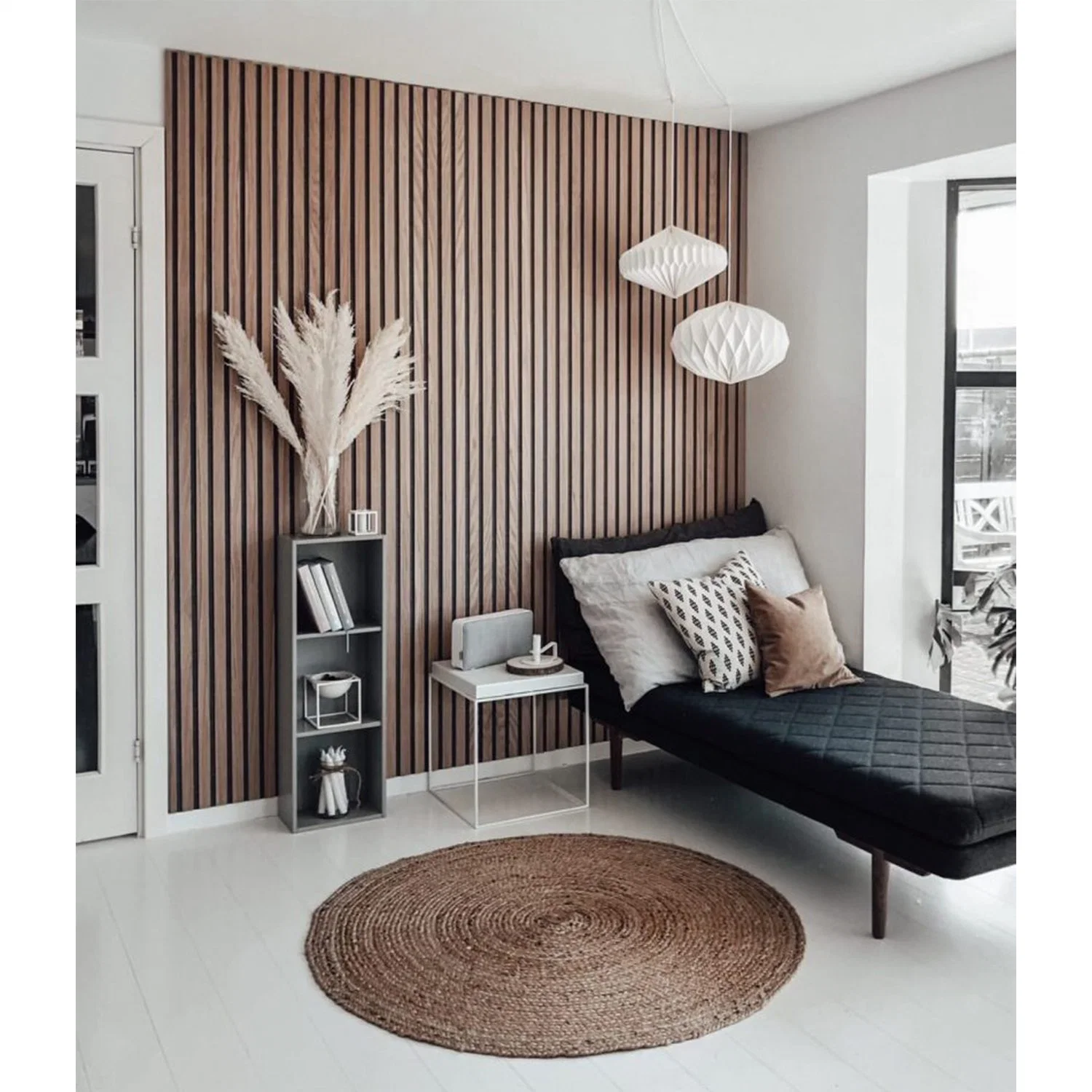 La decoración de interiores material compacto de MDF y listones de madera con fibra de poliéster panel acústico como edificio de oficinas