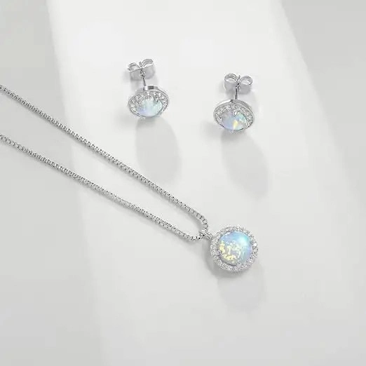 Damen Halskette und Ohrring Schmuck Set Zircon Opal 925 Silber Rhodium-Beschichtung