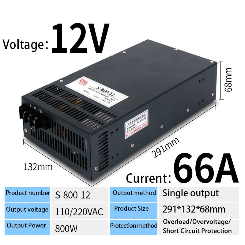 S-800-12 800W 12V 66A Wide Range Switching Adaptor Power Supply AC / DC Switching Power Supply