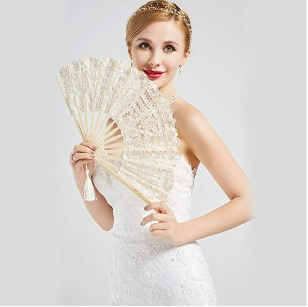 Construção decorativa de 21 cm Bride Lace Folding Fan de bambu manual dobrável Com Tassel