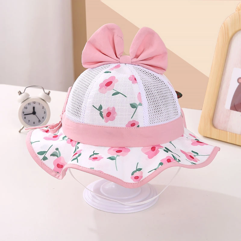 New Baby Girls Shade Fisherman Wrapped Floral Bow Printed Mesh Pot Cap