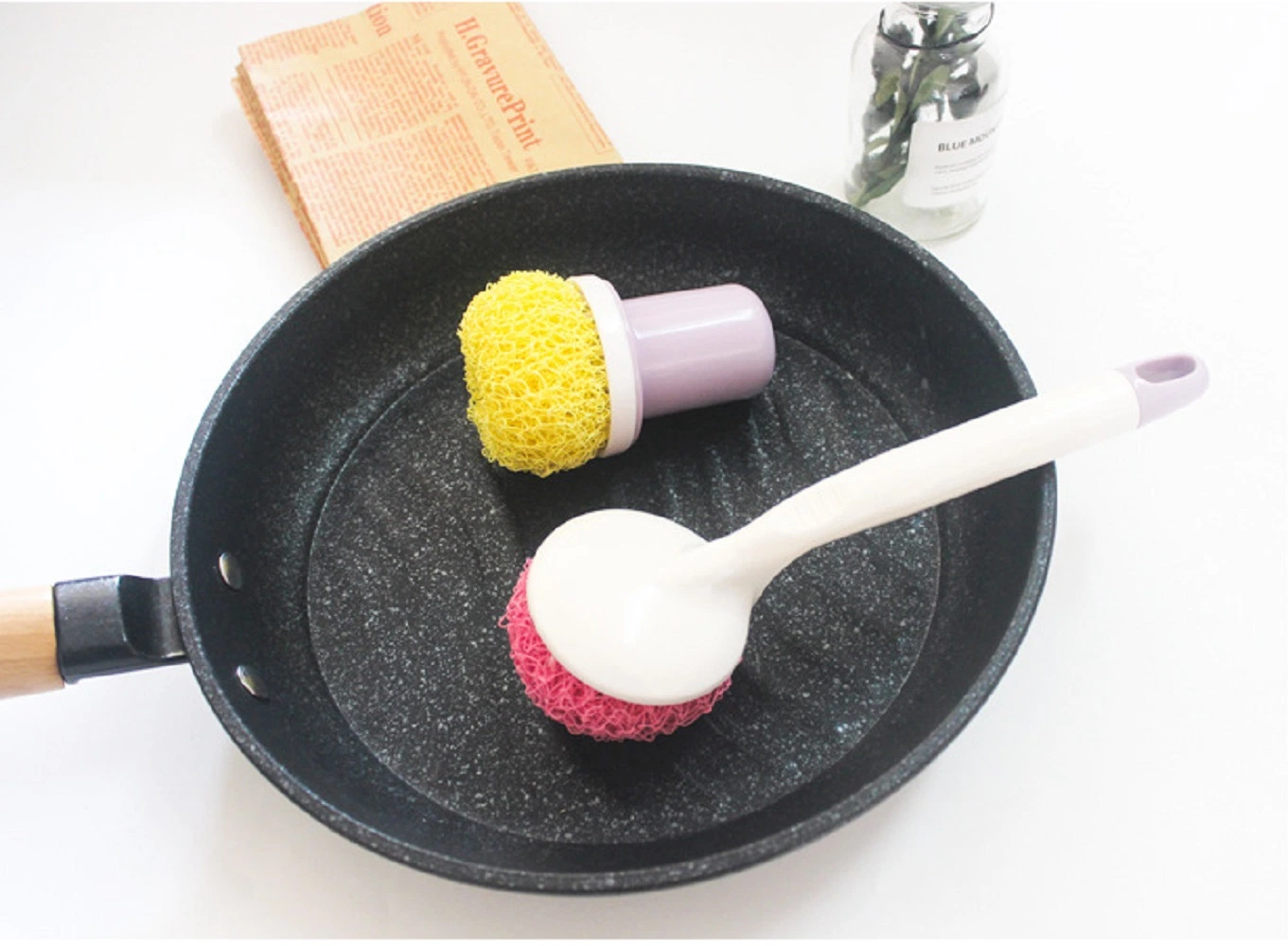 Dish Scrubber - Short or Long Handle Scouring Pad - Polyester Sponge for Pot, Pan, Plate, for Daily Use, for Cleaning Tabletop Esg11974