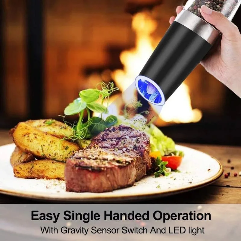 Silver Battery Powered Light Automatic Operation Stainless Steel Gravity Electric Mill Pepper Salt Grinder Set