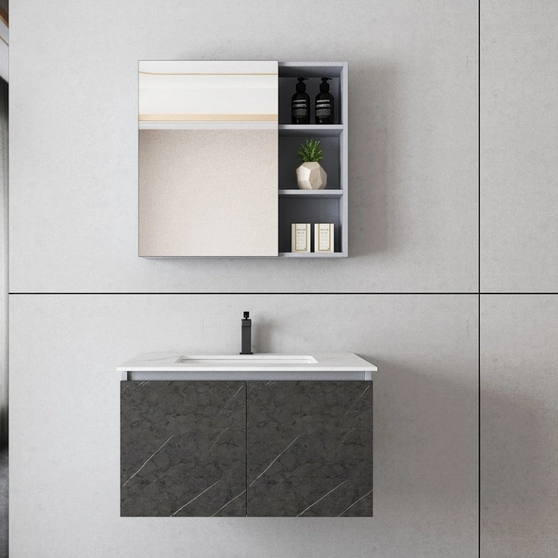 Vasque intégrée en céramique minimaliste grise moderne avec meuble-lavabo en aluminium pour salle de bain en bois et armoire en céramique avec miroir à LED à éclairage intelligent tactile.