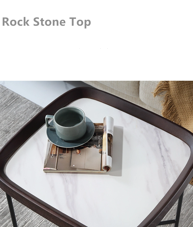 Wholesale/Supplier Price White Rock Stone Top Wood Edge Metal Base Coffee Side Table for Living Room Hotel Restaurant Event Usage