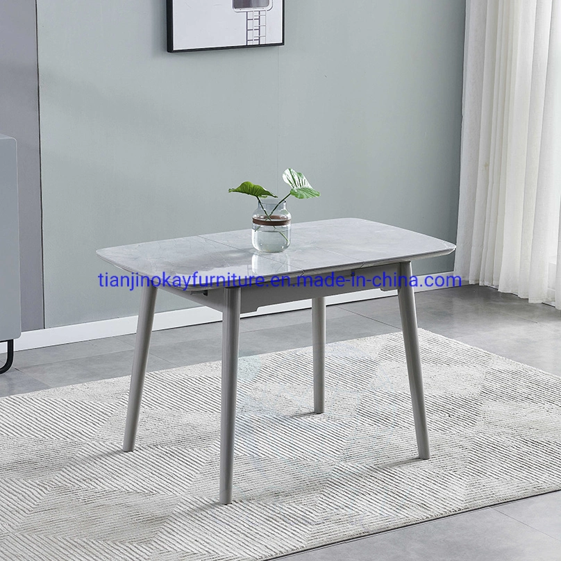 Table de salle à manger moderne minimaliste rectangulaire extensible en pierre frittée Avec dossier de table en marbre gris clair cadre en bois de frêne massif