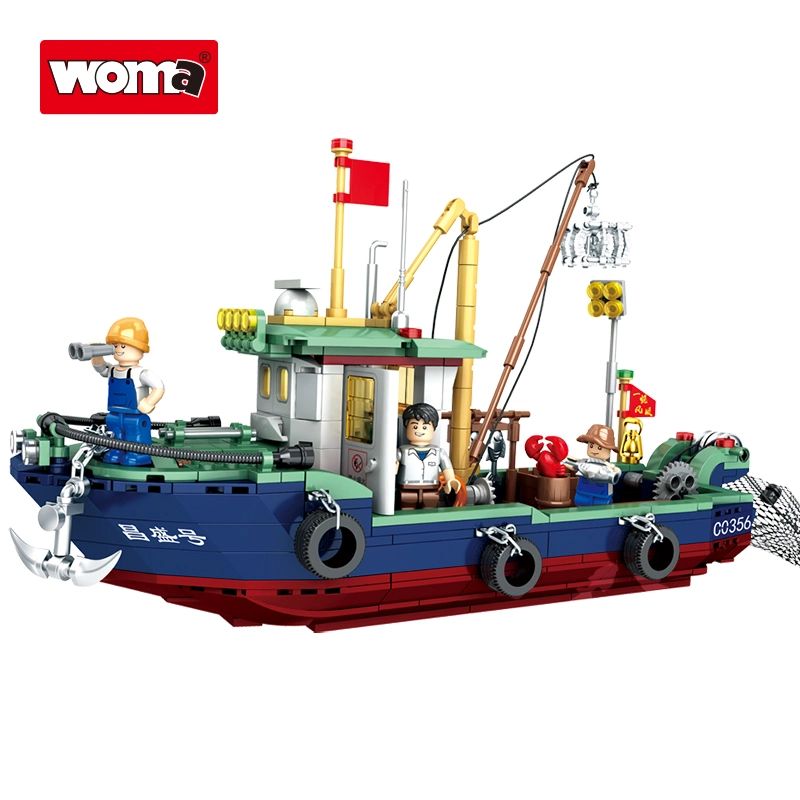 Woma Toys Home Decor Amazon Hottest Sale Fishermen Fishing Boat Catch Fish Shrimp Ship Model Brick Building Block Figure Puzzle Toy