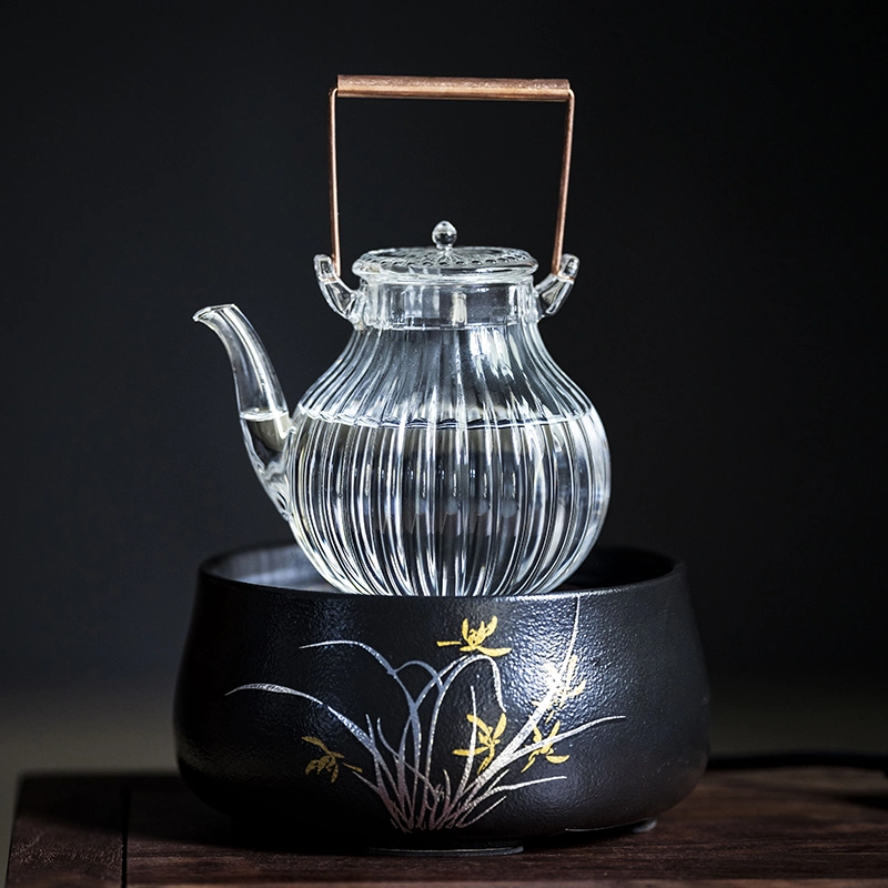 Стекло Pyrex Teapot со стеклянной крышкой Teapot высокого боросиликатного стекла с медной ручкой