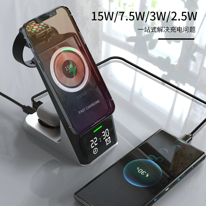 Многофункциональное беспроводное зарядное устройство для мобильных телефонов "шесть в одном", беспроводная зарядка Bluetooth-гарнитуры, мгновенная зарядка и отключение с часами будильника