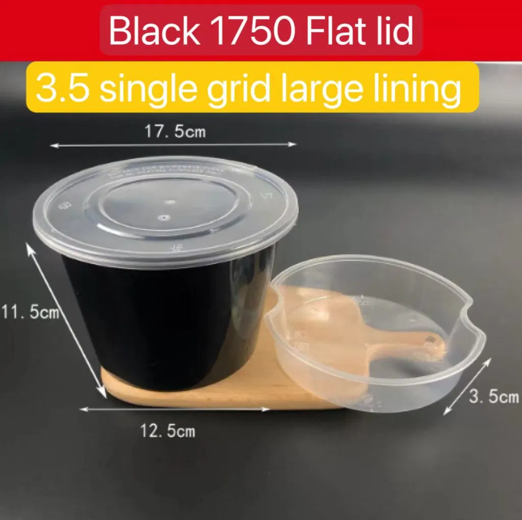 Negro 1750 tapa plana + forro Single Cell 500ml engrosado Caja de embalaje de separación de fideos de doble capa desechable de dos capas de takeaway Caja de comida Sopa Bucket Lun
