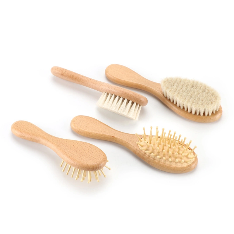 Commerce de gros poils de chèvre doux naturel Socle en bois et le peigne Brosse brosse bébé fixés pour les nouveau-nés Toddler