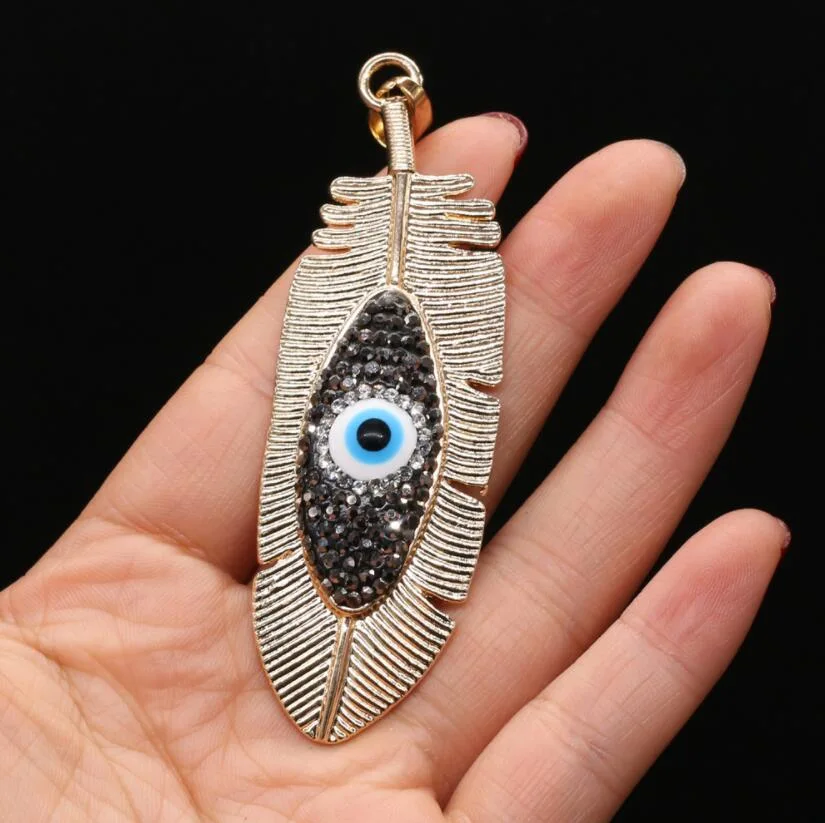 Feather Shape Vintage Metal Necklace Pendant Reiki Healing Blue Eye Pendant for Jewelry Making Earring Necklace Accessories