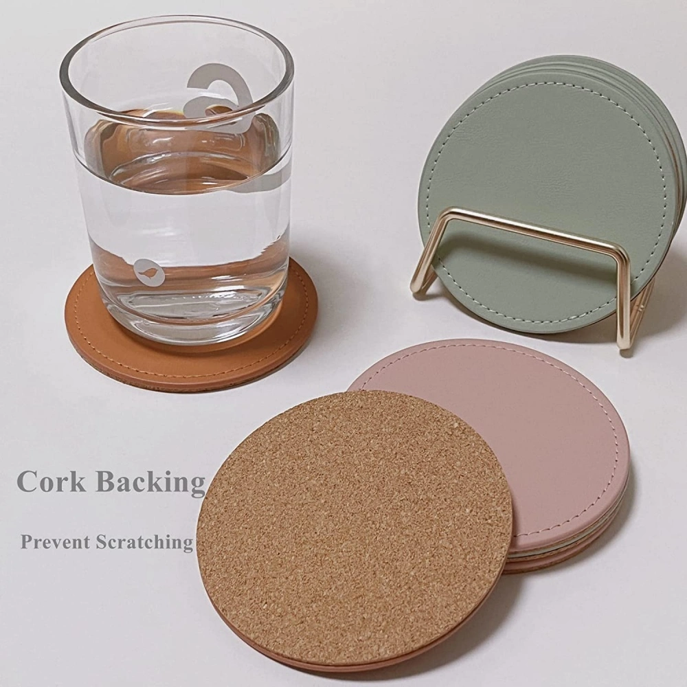 House Warming Gift Cork Base Leather Round Cup Coasters Drinks Coaster Set of 6 with Metal Holder