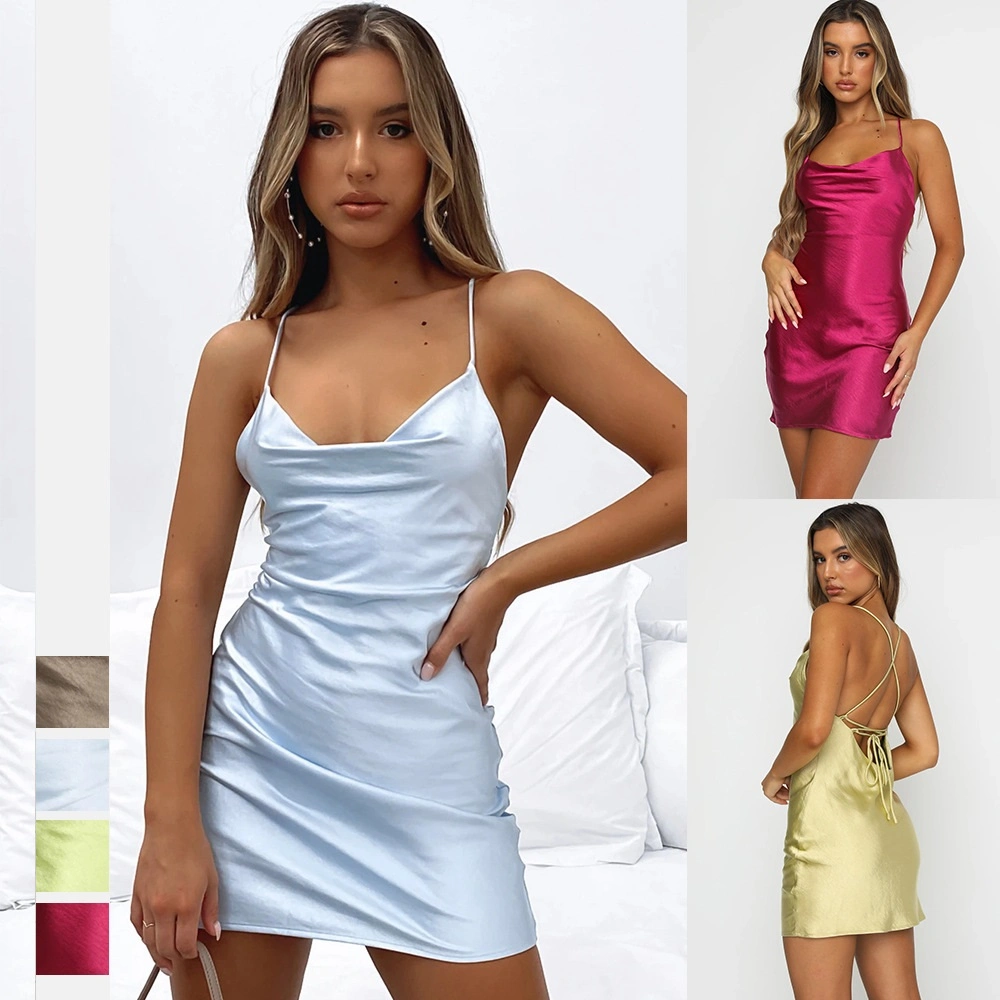 Solid Color Sexy Suspender Night Dresses Clothes Women Summer Slim Fashion Satin Backless Strappy Dress