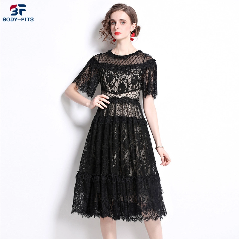 2023 Summer Women&prime; S Dresses Black Lace Round Neck Short Sleeves Slim Fit MID-Length Swing Dress