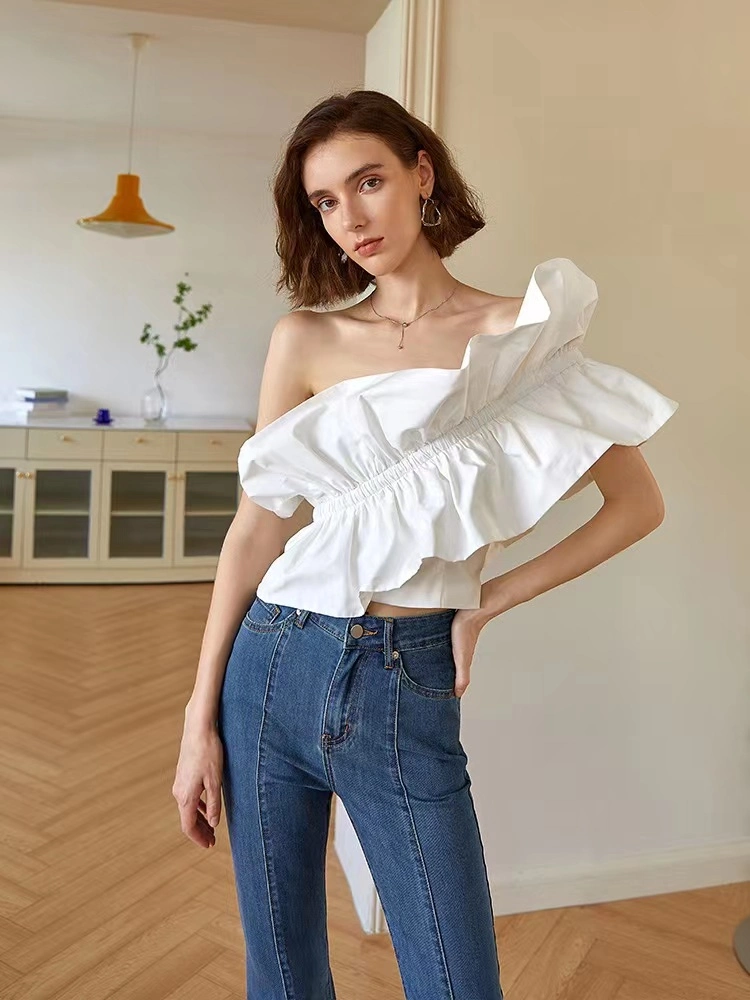 New Design Ruffle Slim Fitted Waist Elegant Summer Ladies Blouse