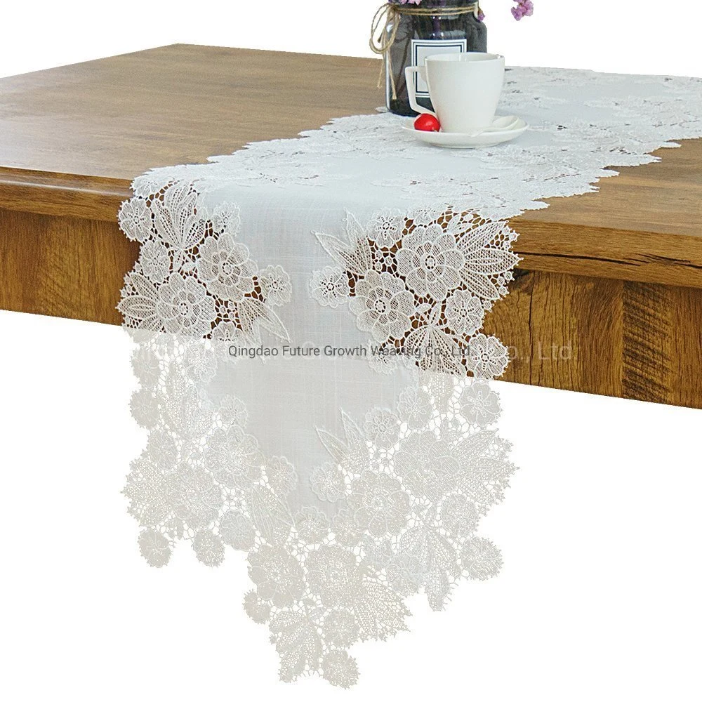 Wholesale/Supplier Customized White Polyester Lace Fabric Table Runner for Wedding, Party, Banquet Decor