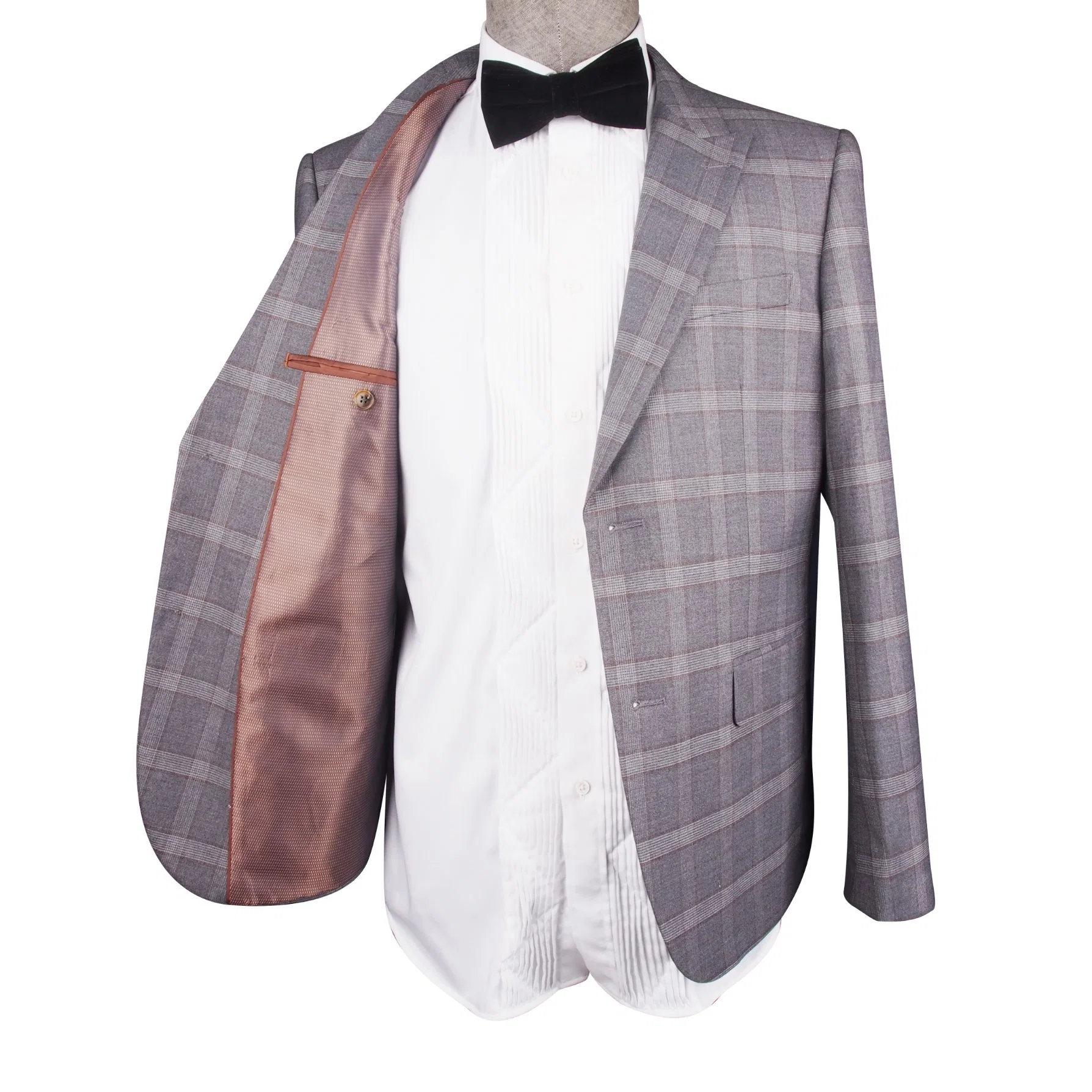 2 Piece Peak Lapel Modern Fit Grey Plaid 100%Wool Business Suit