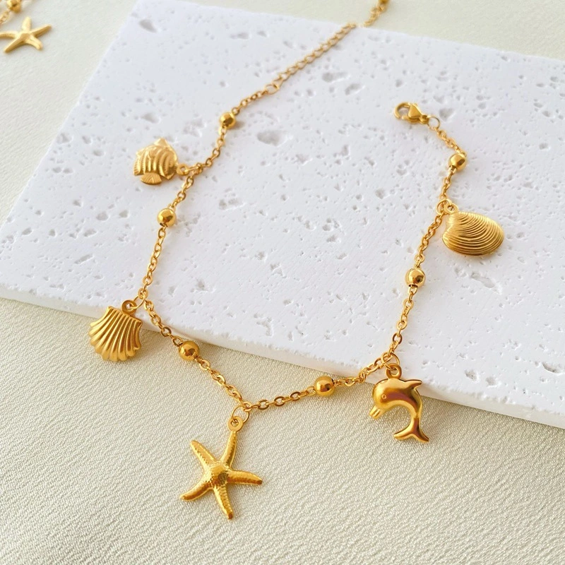 Hot sale 18K Gold rempli Plage titane acier bijoux mode Boho Starfish Shell Charms acier inoxydable chaînes cheville pour Lady