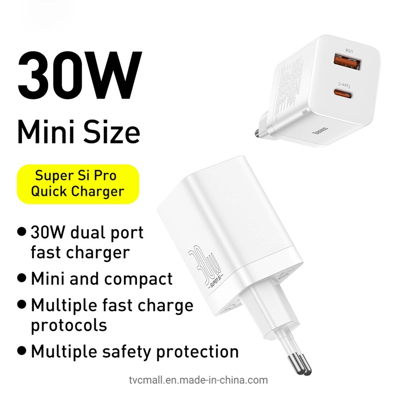 Chargeur rapide Baseus Super si PRO de type C + USB double Adaptateur de charge de port 30 W - prise eu/blanc