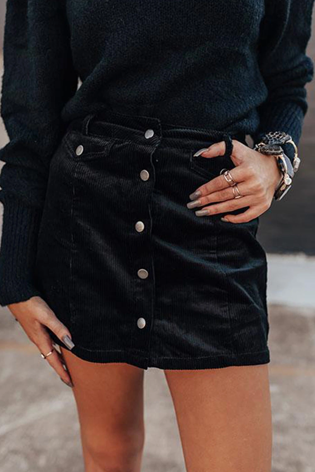 High Waist Button Corduroy Mini Skirt