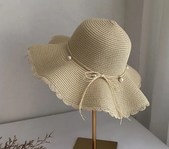 Les femmes s' vent du chapeau de paille d'été ins Pearl vague Big Beach Hat Big Brim parasol Hat Sunscreen Sun Hat