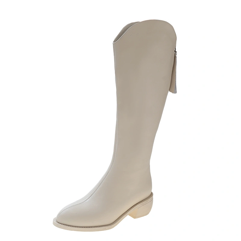 Женская зимняя кожа заостренная MID-пятка Британский стиль Западный ковбой колено-высокое Ботинки