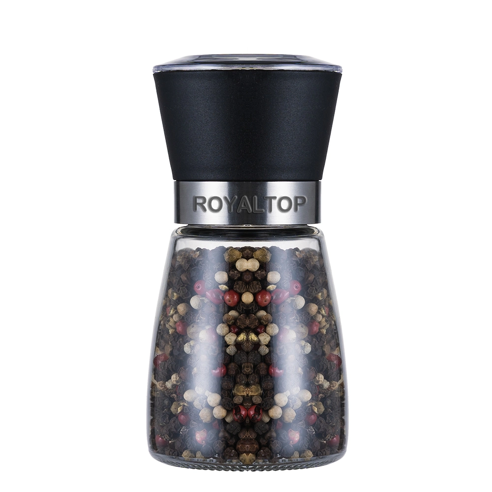 Professional Manual Plastic Cap Spice Grinder Adjustable Salt Pepper Mill with Refillable 6oz Glass Body