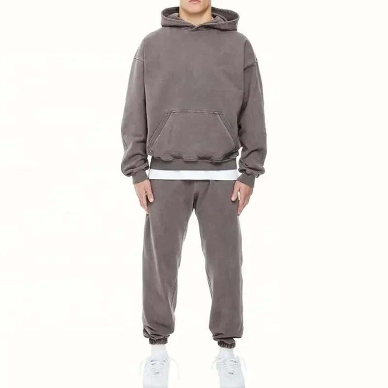 Vintage Washed Long Sleeve Men Fleece Sweatsuits Hooded Tops & Jogger Pants Tracksuit