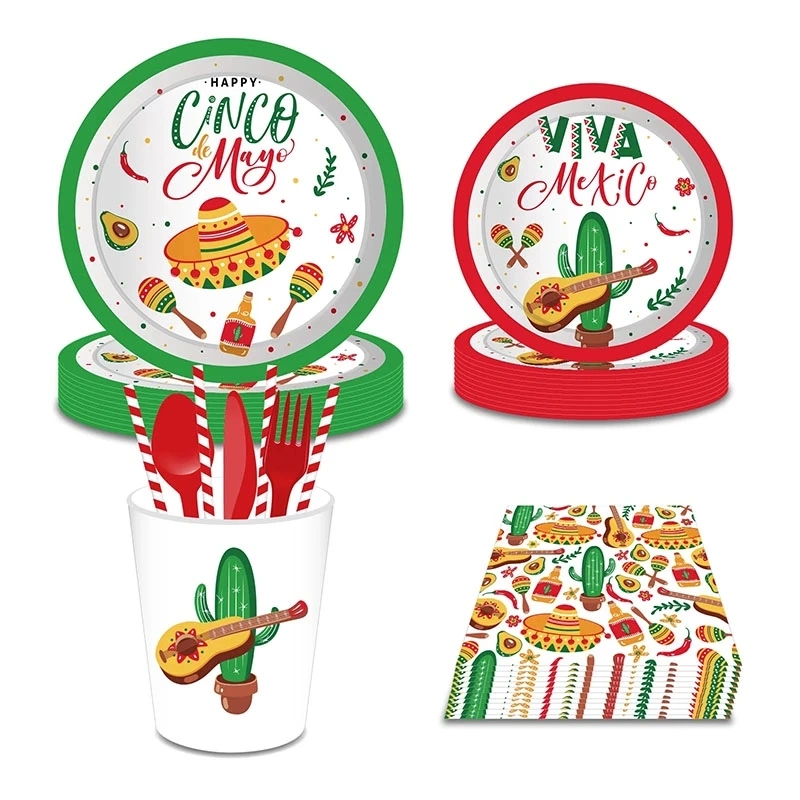 Mexico Fiesta Cactus Taco Balloon Cartoon Theme Party Disposable Tableware Paper Plates Cup Mexican Party Favors Decor Supplies