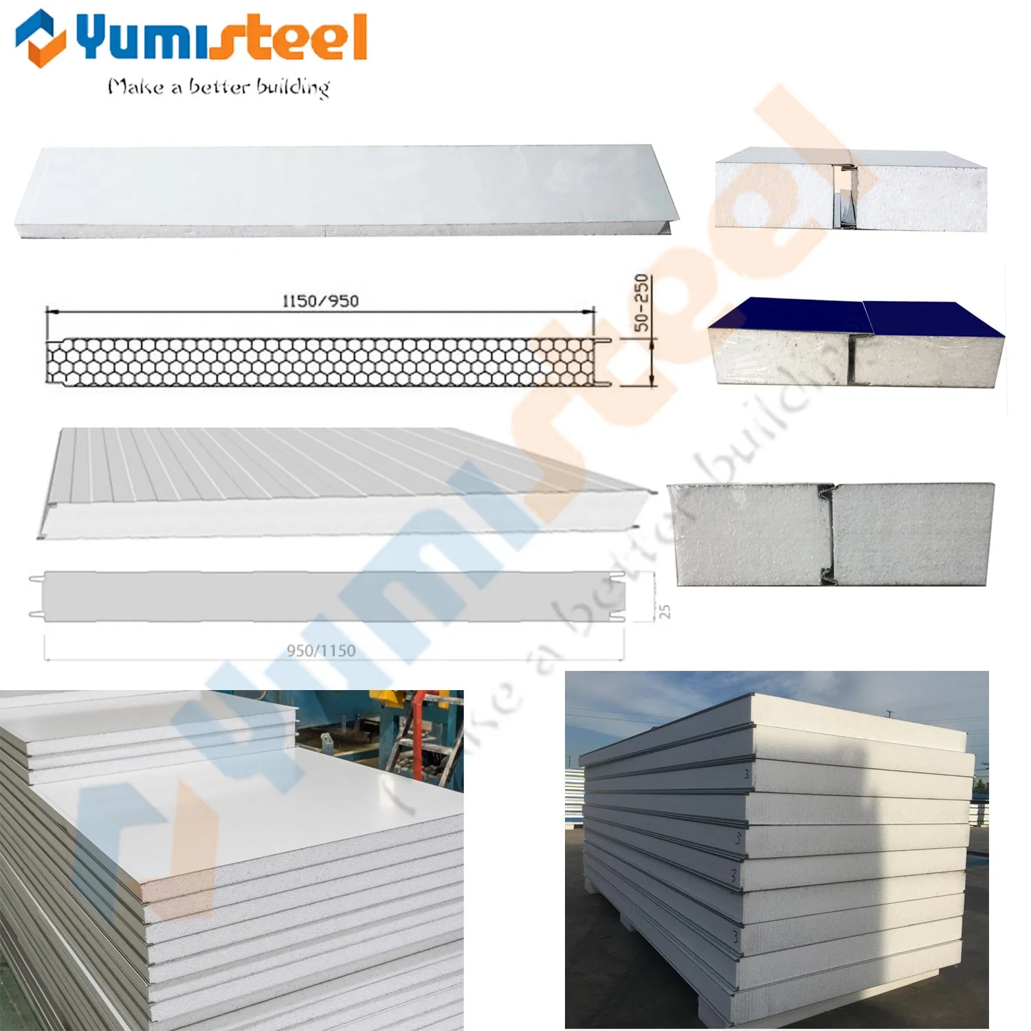 Fireproof Rockwool/EPS Insulated Steel Roof/Wall Sandwich Panels for Steel Buildings