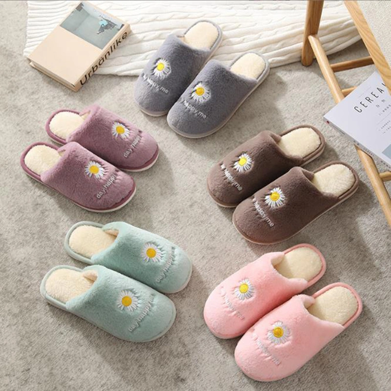 Winter Indoor Home Chrysanthemum Plush Cotton Slippers Couples Non-Slip Warm Shoes