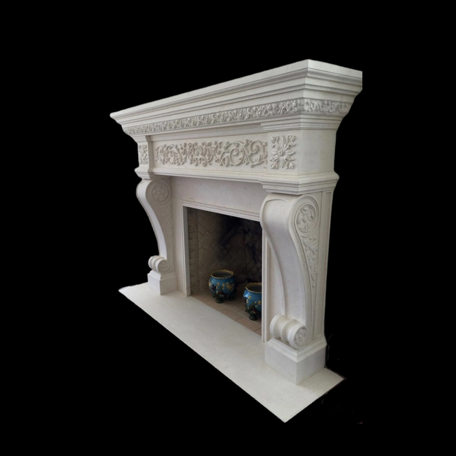 French Limestone Contemporary Italian Tuscan Carving Fireplace