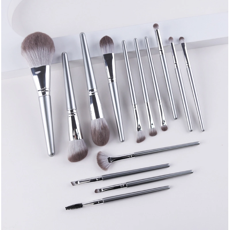 14 PCS Synthetic Hair Makeup Brushes OEM ODM Cosmetic Brush Manufacture Silver Handle