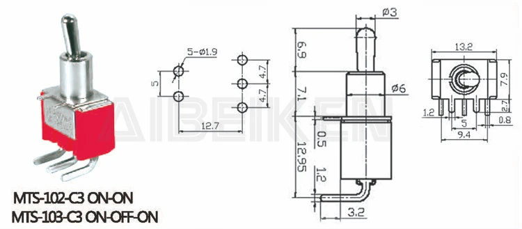 Industrial 12mm 15A/250VAC 2 Feet 2 Files on-off Rocker Arm Shaking Power Switch Toggle Switch