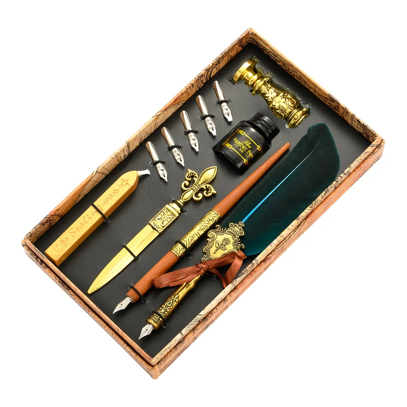 Premium Vintage Gold Pen Pole Feather DIP Pen Set with Ink 5 Nib Gift Set