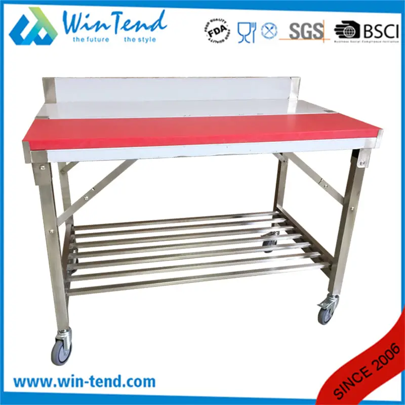 Best Offer Folding Stainless Steel Work Table with PE Board and Wheels