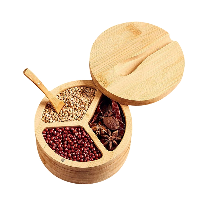 Round Condiment Salt Jar Cellar Salt Spice and Seasonings Storage Container Bamboo Salt Box with Spoon with Swivel Magnetic Lid