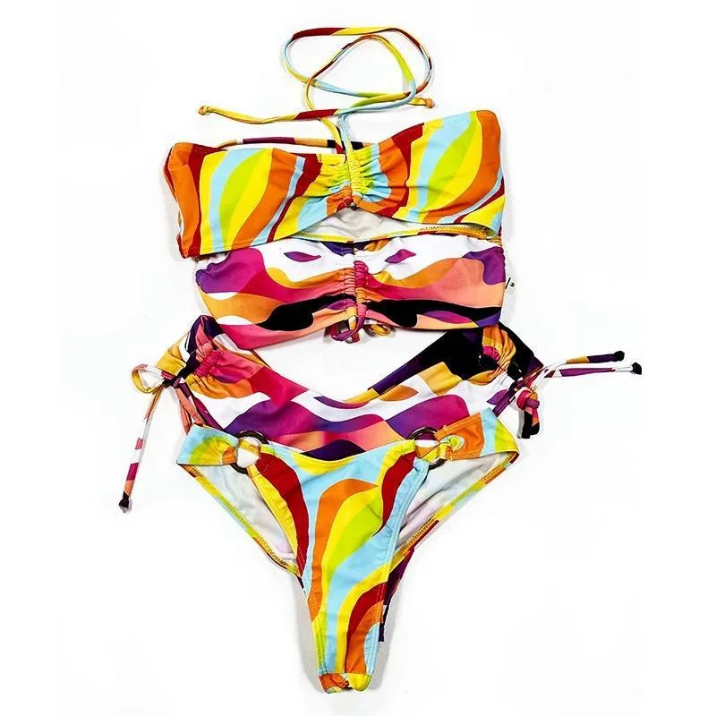 Sexy Triangle Print Cup with Print Brief Bikini Swimwear