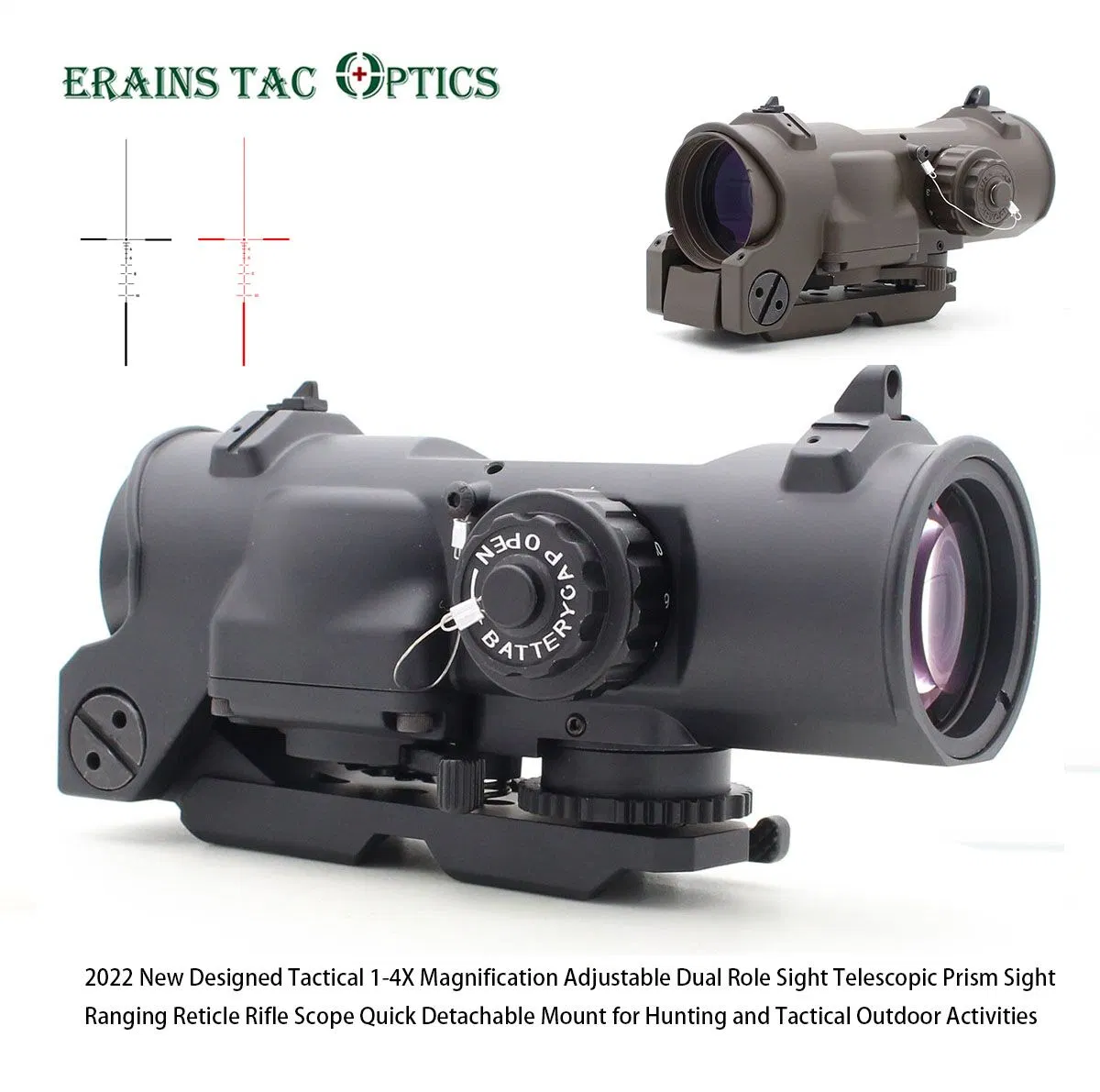 Tactical Heavy Duty Dual Role Sight Weapon Telescopic 1-4X Variable Magnification Prism Sight Red Illumination Ranging Reticle Prismatic Scope