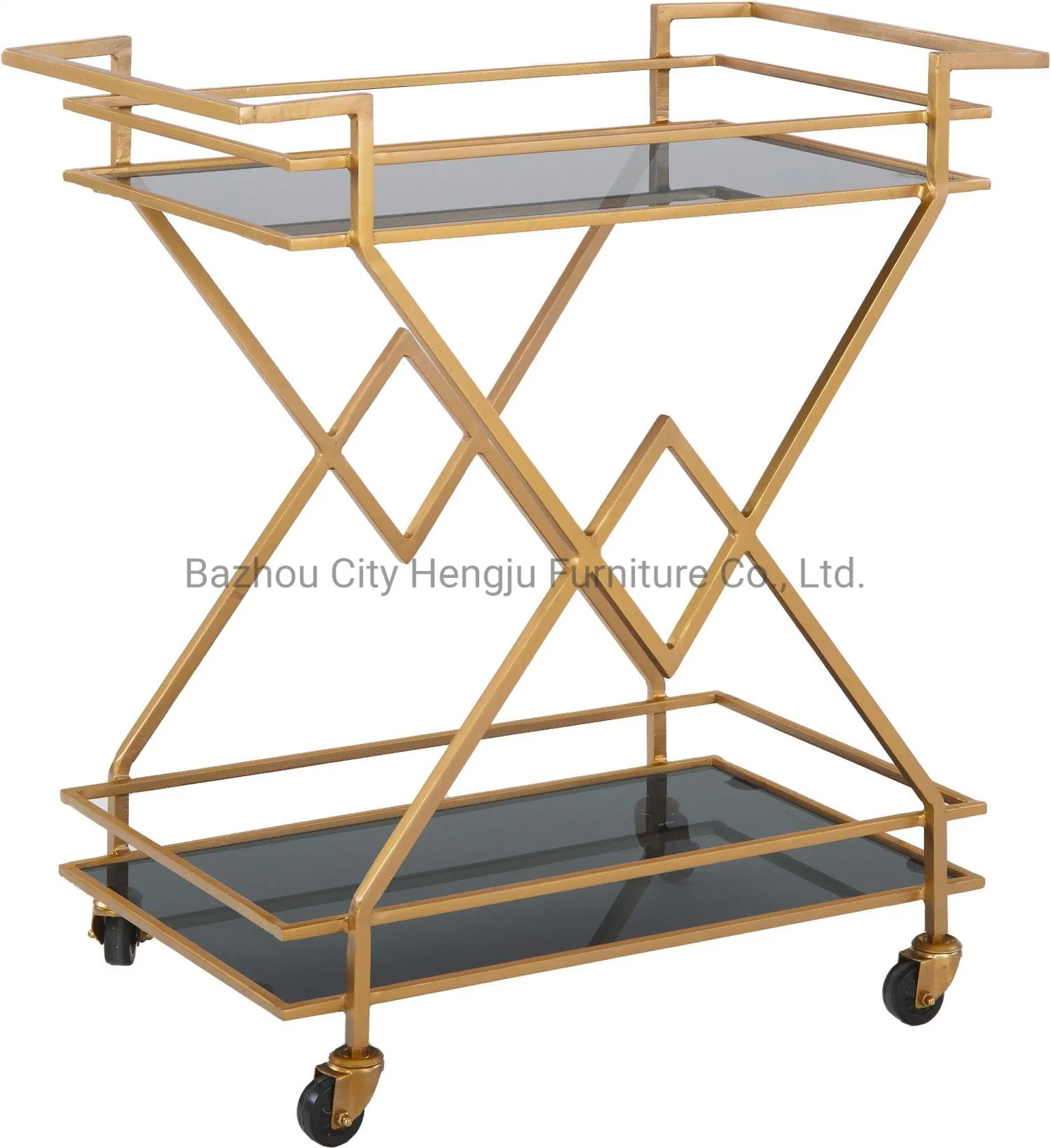 Modern Rectangle Golden Stainless Steel Frame 3 Glass Layers Hotel Serving Trolley Hotel Furniture for Sale